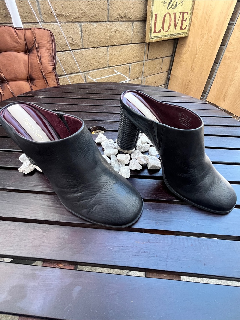 Franco Sarto Black Leather Slip-On Mule Heels